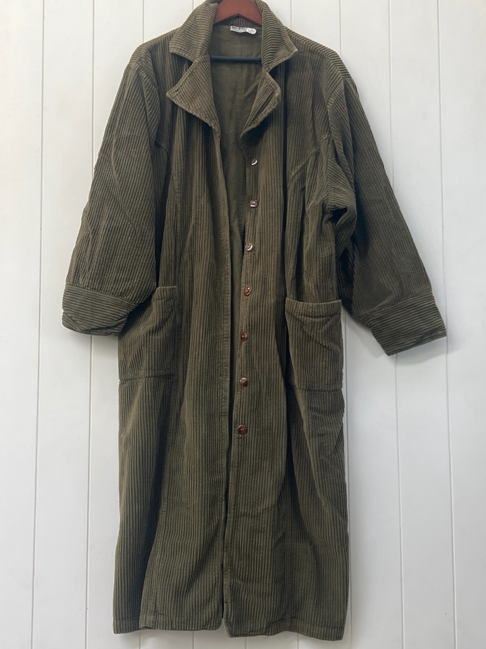 Vintage Kiko Olive Green Corduroy Duster Coat Trench Long Jacket Oversized XL